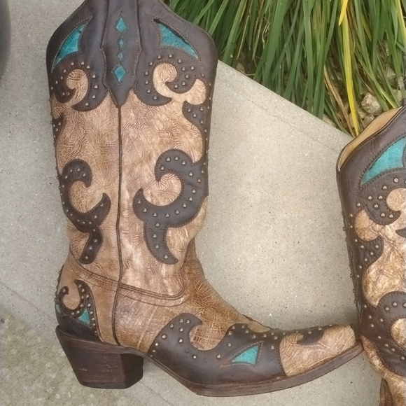 CORRAL AB019 "El Paso" leather snip toe cowgirl boot tan/brown/turquoise sz 9.5 - Picture 8 of 14